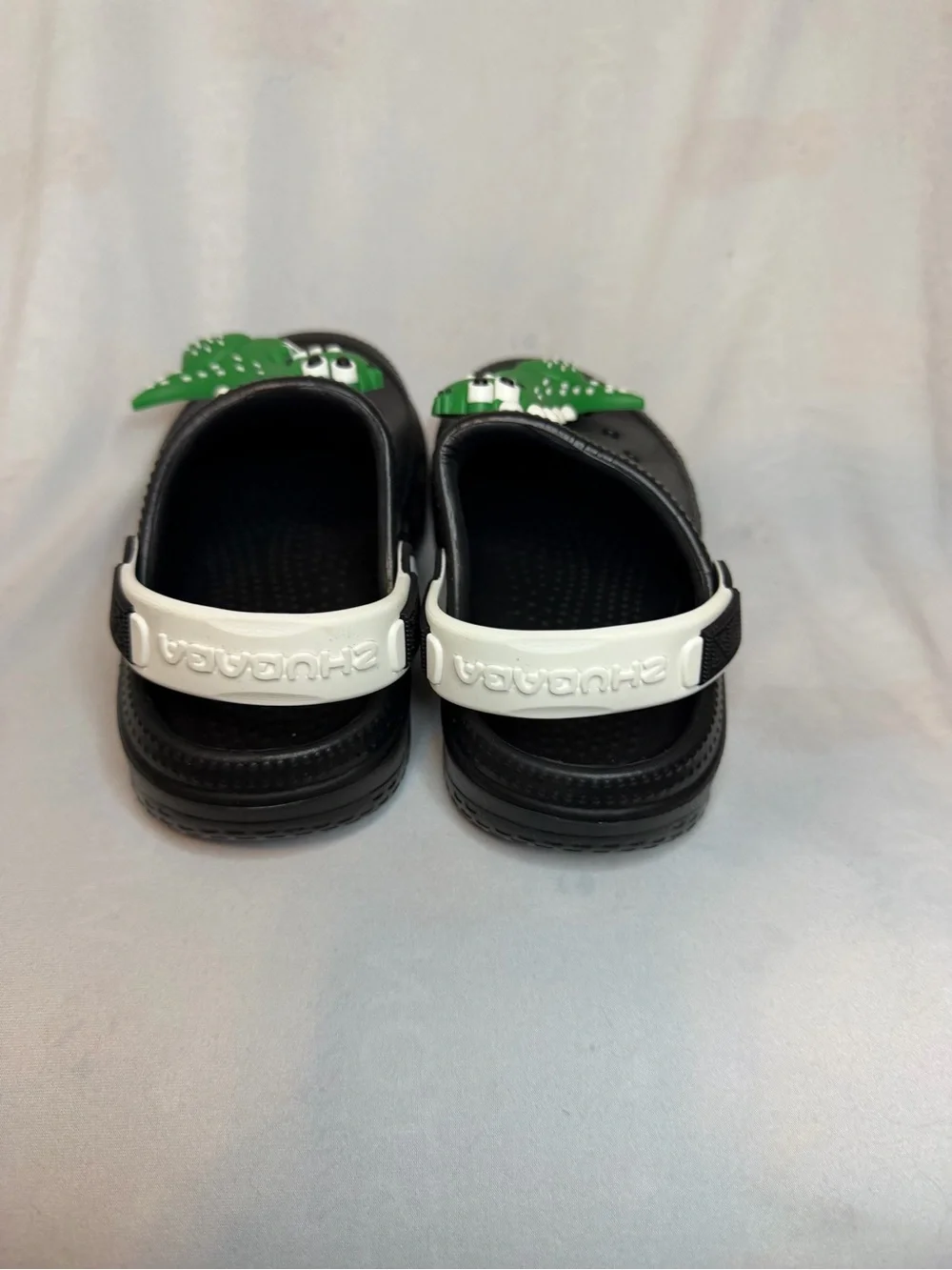 Black Kids Clog Sandals with Green Dinosaur Charms